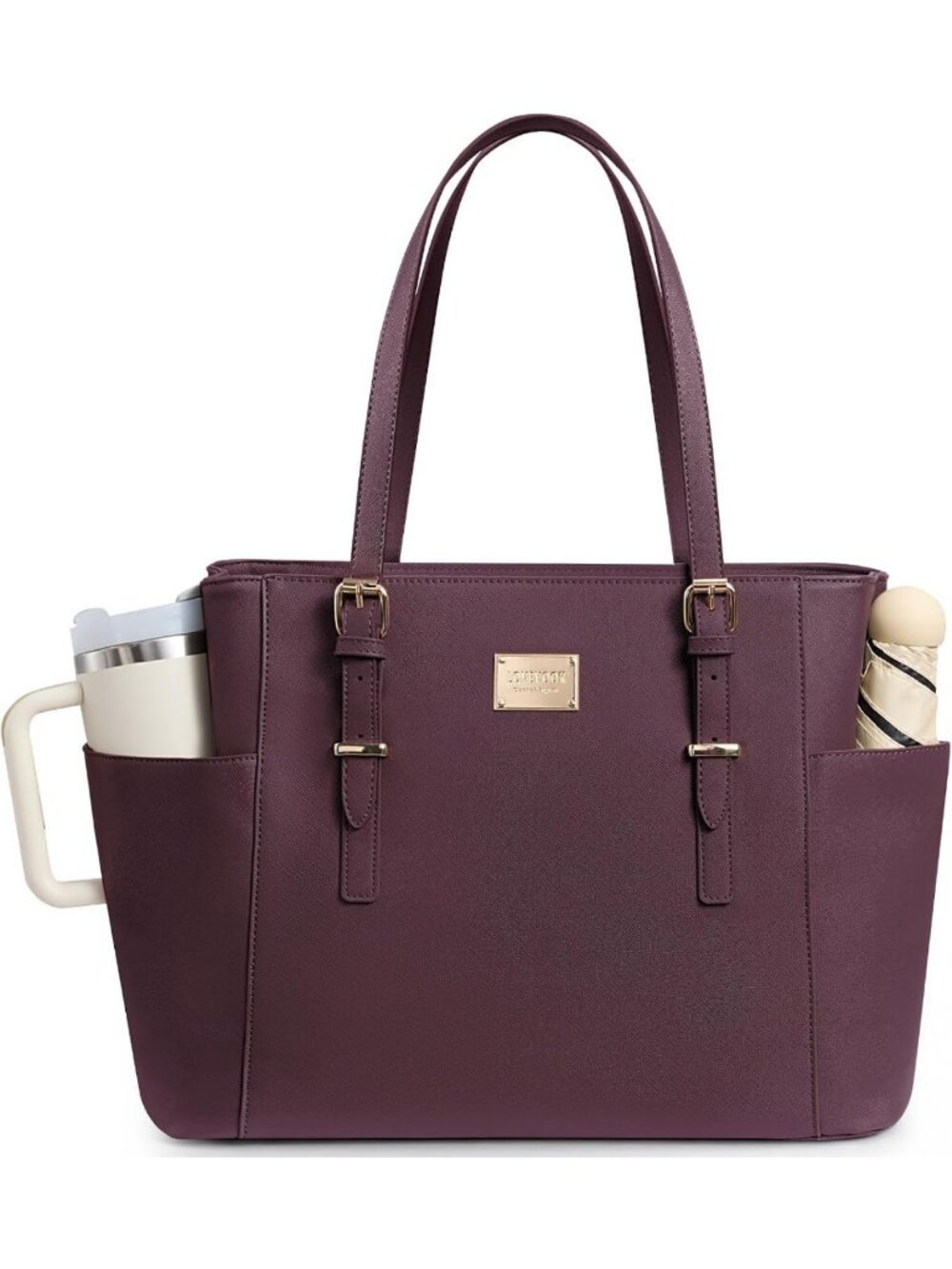 Vintage Leather Laptop Tote Bag for Women, 15.6" Work Bag with Water Bottle